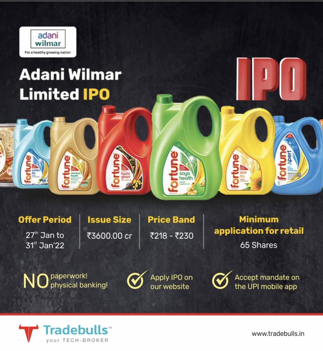 TradebullsLtd's tweet photo. Adani Wilmar's three-day initial public offering (IPO) will open for public subscription this week on Thursday, January 27, 2021.
Visit our website for easy application.
NO PAPERWORK NEEDED.
Just visit and apply 👉 https://t.co/IKOTMziGmC
#adaniwilmaripo #applyipo #tradebulls https://t.co/z0Pyw4gRvC