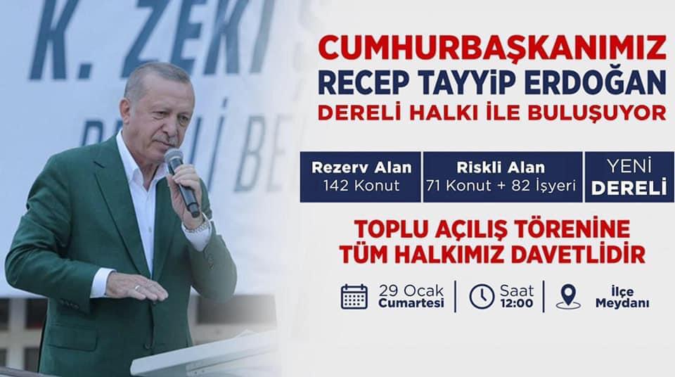 PartiDereli's tweet photo. Cumhurbaşkanımız
Sayın Recep Tayyip Erdoğan Dereli Halkı ile Buluşuyor. Rezerv Alan 142 Konut ve Riskli Alan 71 Konut + 82 İş Yeri İçin  açılış töreni düzenlenecektir.

Tüm halkımız davetlidir.

📆29.01.2022(Cumartesi)
⏰12. 00
📍Dereli İlçe Meydanı https://t.co/r7PDAVUSXt