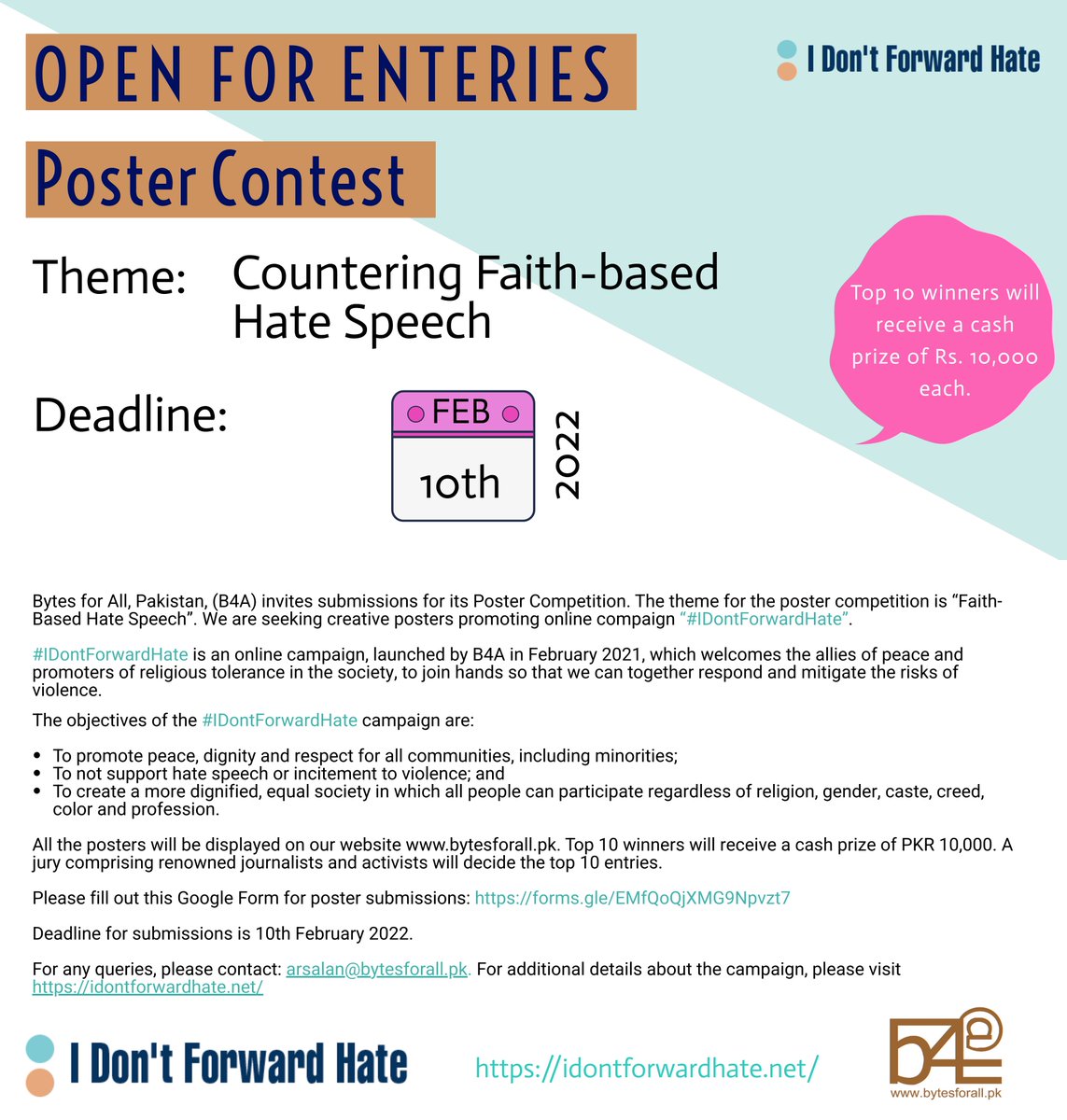 pakvoices's tweet photo. Poster Competition - submit your entries till 10th February 2022 and win PKR 10,000/-. For more information, please visit: https://t.co/3mlDUkhLuo
Theme: Countering faith-based hate speech
#Idontforwardhate #Hatespeech #Postercompetition #PakVoices #Pakistan https://t.co/WGtCAz3vJX