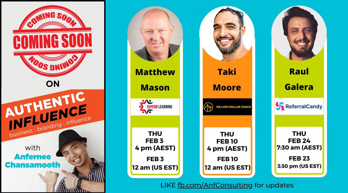 Coming up on #AuthenticInfluence:

1. How to share value with ebooks and mini-courses
ft. <a href="/iDesignTraining/">Matthew Mason</a>

2. Breaking down a million-dollar funnel for coaches and consultants
ft. <a href="/takimoore/">Taki Moore</a>

3. How to grow your business using referrals
ft. Raul Galera

bit.ly/-custom-by-sou…