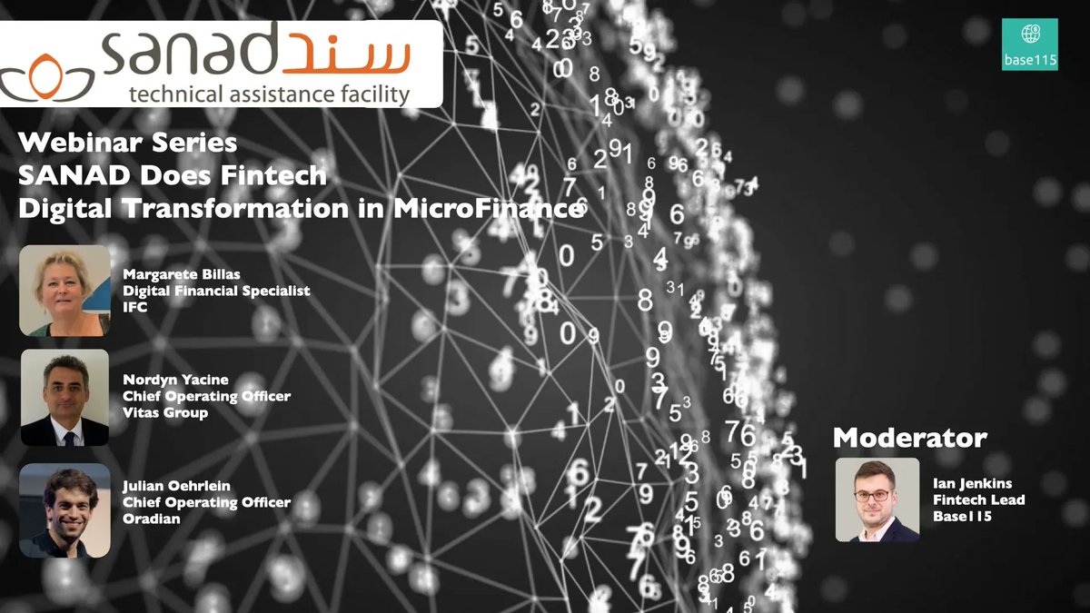 IanJenkins70's tweet photo. #SANADdoesFintech kicked off in September with a great panel on Digital Transformation in MicroFinance including @Mobwashdc, @Nordyn and @ohrln. Catch up now on all the previous webinars https://t.co/spoU5RMJ8z https://t.co/EVJBNbL7Tn