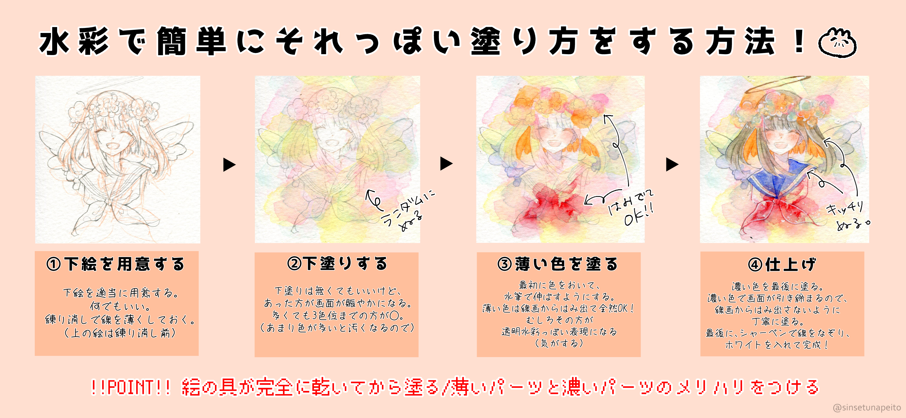 しんせつなペイト アナログ絵のハードルを低くしたい というわけで 透明水彩 で簡単にそれっぽい塗り方をする方法をまとめてみました 使っているイラストは 塗りだけなら多分1時間もかかってないです 乾燥と下書きの時間除く アナログ楽しい