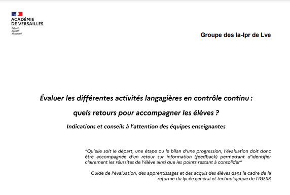 LV_Versailles's tweet photo. Évaluer les différentes activités langagières en contrôle continu : quels retours pour accompagner les élèves ? Indications et conseils à l’attention des équipes enseignantes. - Portail Langues https://t.co/qk8WpE4n5V https://t.co/s6R1twwZRQ