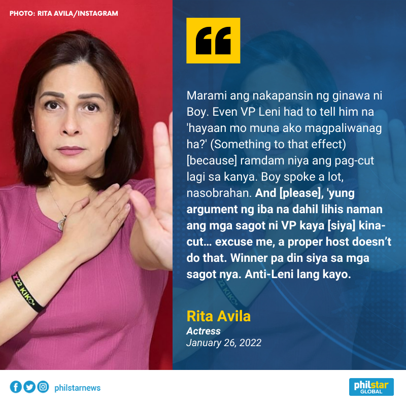 PhilstarNews's tweet photo. 'ANTI-LENI LANG KAYO'

Actress Rita Avila once again defended Vice President Leni Robredo from her critics following the latter's interview with Boy Abunda. https://t.co/PVlQEr460b