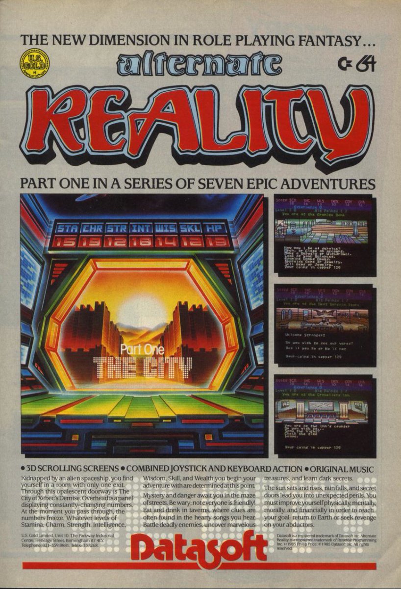 TakodanTweets's tweet image. 1986 ad for the game &apos;Alternate Reality: The City&apos; by #USGold #Datasoft on #Commodore #C64. Wonderful ad.