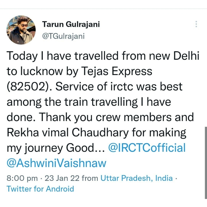 IRCTCofficial's tweet photo. We at #TejasExpress always aspire to make our passenger's travel experience most comfortable. Here are a few passenger feedbacks on Tejas Express services.
#TejasExpress #GoTejasGo https://t.co/jOEIJsHOsM