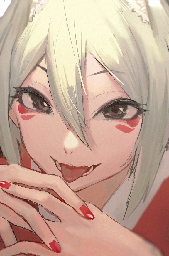 shiomi syuko 1girl solo hair between eyes tongue looking at viewer tongue out red nails  illustration images