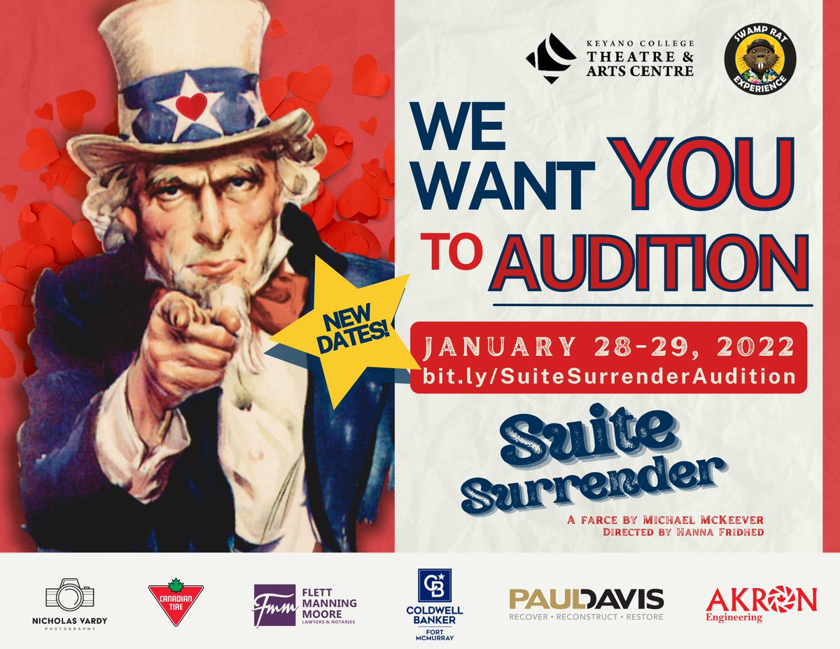 Auditions for Suite Surrender are THIS WEEKEND! Find out more and sign up at bit.ly/SuiteSurrender…. New to theatre? No worries! Anyone is welcome to try out. #YMMTheatre #ymm #fortmac