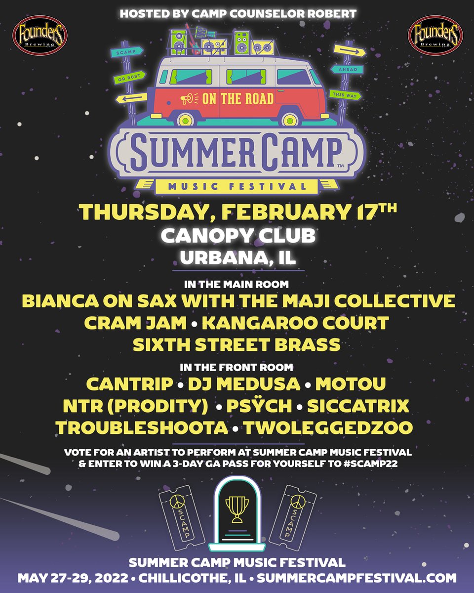 Pull up to Canopy Club on Thursday, February 17th and show your support for these local artists as they compete for a spot at #SCamp22! Cast your vote and you're automatically entered to win a ticket to Summer Camp for yourself.

More Info > bit.ly/cc-scotr