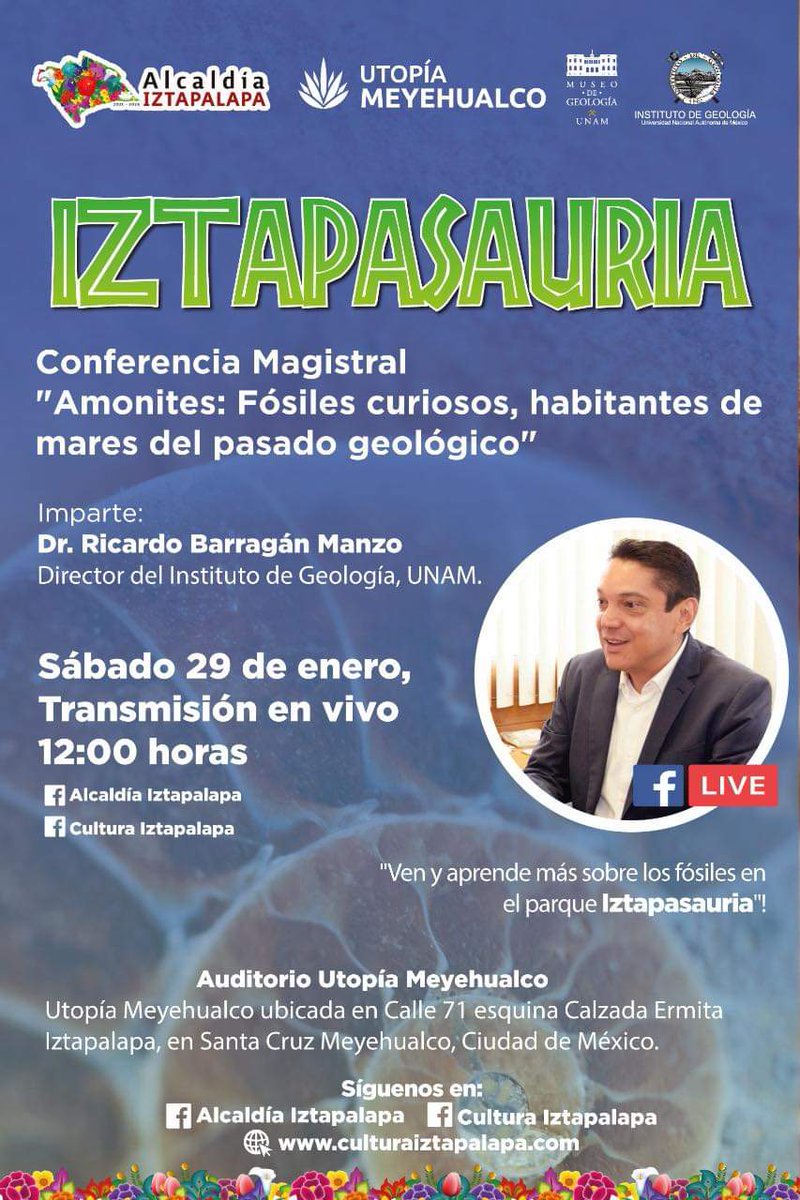Alc_Iztapalapa's tweet photo. Acompáñanos el próximo sábado 29 de enero a la #ConferenciaMagistral impartida por el Doctor Ricardo Barragán Manzo y haz un pequeño viaje al pasado para conocer el mundo de los #Amonites. Te esperamos a partir de las 12:00 h en la #UtopíaMeyehualco
#IztapalapaLaMásCultural https://t.co/lYQ37HxnJ8