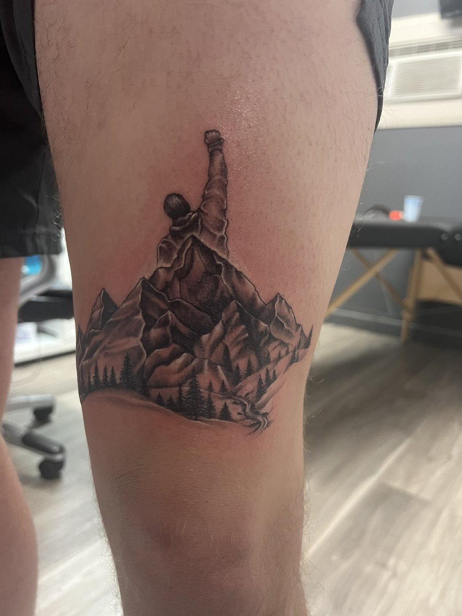 CVoss2673's tweet photo. Got my first tattoo today. The mountains represent Utah (where I current live) and Rocky represents Philly where I used to live. Together? The Rocky Mountains #Dadtoo #DadJoke #PunIntended https://t.co/DcAN2uF30H