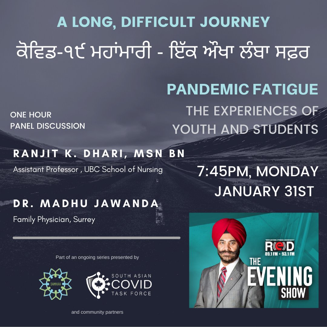 Join #SurreyBC physician Dr. <a href="/MadhuJawanda/">Dr Jawanda</a> and #UBC #Vancouver Ast. Prof. <a href="/DhariRanjit/">Ranjit Kaur Dhari</a> for Part 2 of our @sacovidtf Mental Health and Substance Use series on <a href="/redfmvancouver/">RED FM™ VANCOUVER</a> with <a href="/HarpreetSinghTV/">Harpreet Singh Show</a>.

This episode will address pandemic fatigue and trauma faced by youth and students.