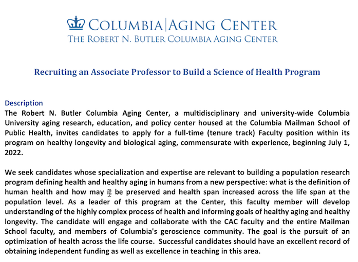 Calling #AcademicTwitter: we are recruiting for two positions at the Columbia Aging Center based <a href="/ColumbiaMSPH/">ColumbiaPublicHealth</a>. Please retweet! Tenure track positions in social capital &amp; aging, and the science of health: Apply online at: apply.interfolio.com/98128 and apply.interfolio.com/98125 1/2