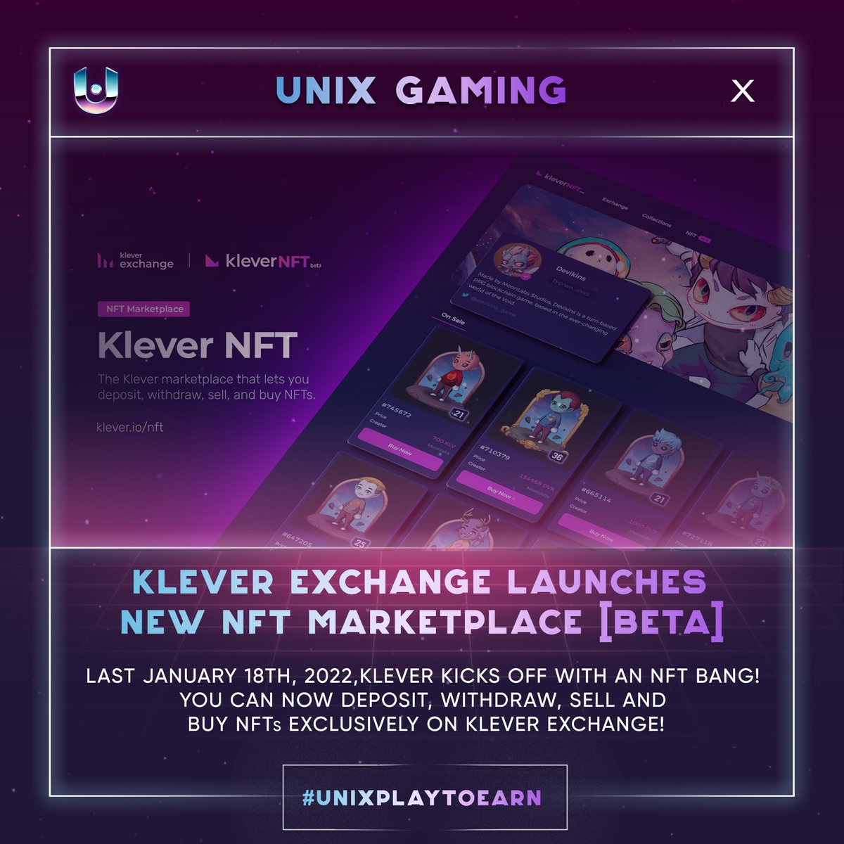 unixcorpgg's tweet photo. Partnership News📰

Congratulations on launching your first #NFTMarketplace on #Kleverexchange, @devikins_game! 🎉

To our #UniX Community who are excited about #Devikins, here's your chance to #trade or #collect more #DevikinsNFTs!

Source:
https://t.co/iVixBE5sZA

#UniXGaming https://t.co/nS0U9aazri