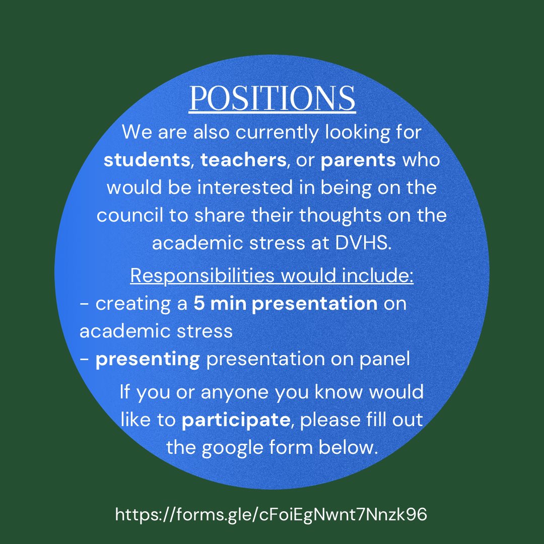 The DVHS PTSA Health and Wellness Council will be hosting a panel to discuss academic stress at DVHS and the results from the student survey regarding academic classes.
docs.google.com/forms/d/e/1FAI…