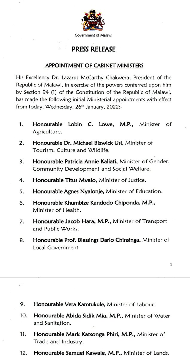MalawiGovt's tweet photo. APPOINTMENT OF CABINET MINISTERS https://t.co/4vVmAB05oK