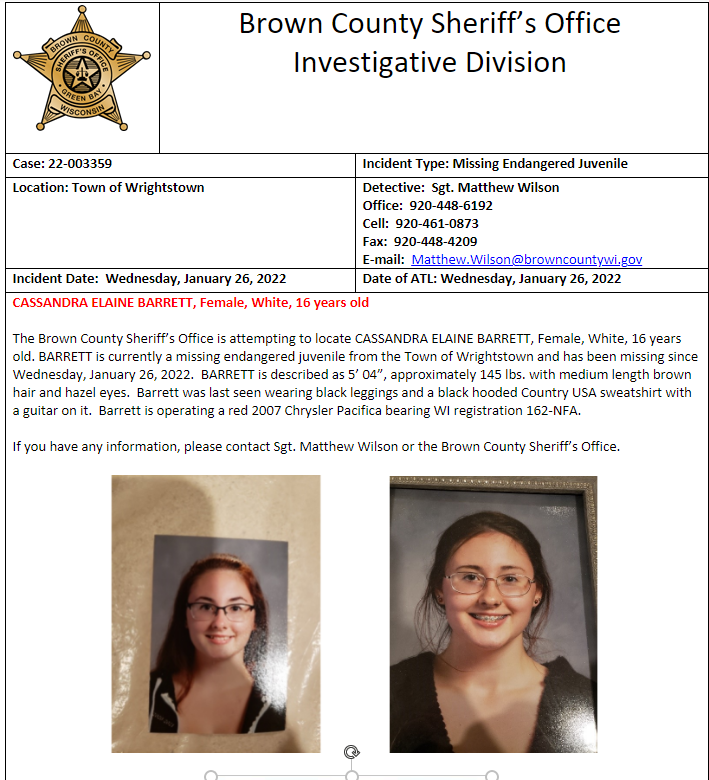 sheriffbc's tweet photo. Missing / Endangered Brown County Teen from the Wrightstown area, please help locate. https://t.co/EPIZBxqrTP