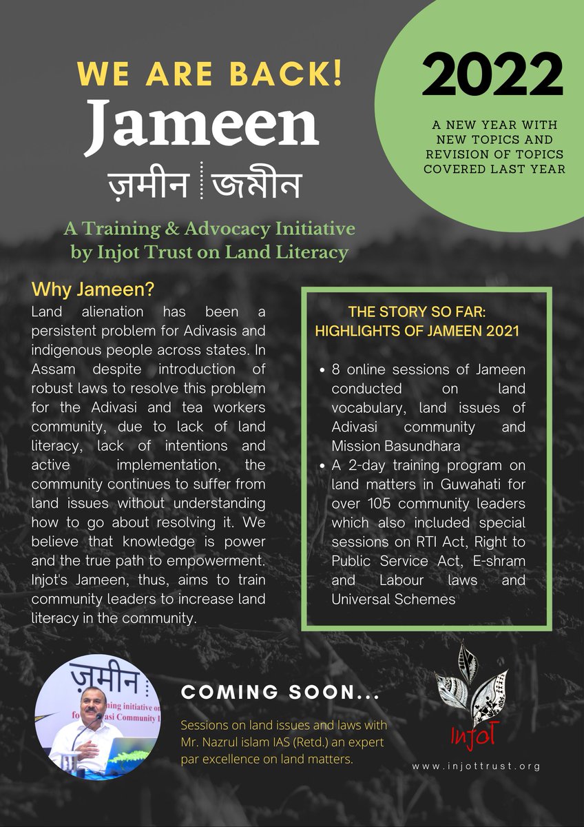 InjotTrust's tweet photo. Injot is back with Jameen - a training and advocacy initiative on land literacy. Stay tuned to know more about the schedule. #landliteracy #jameen #jaljangaljameen #adivasisofindia #knowledgeispower https://t.co/9J9TBZLEwA