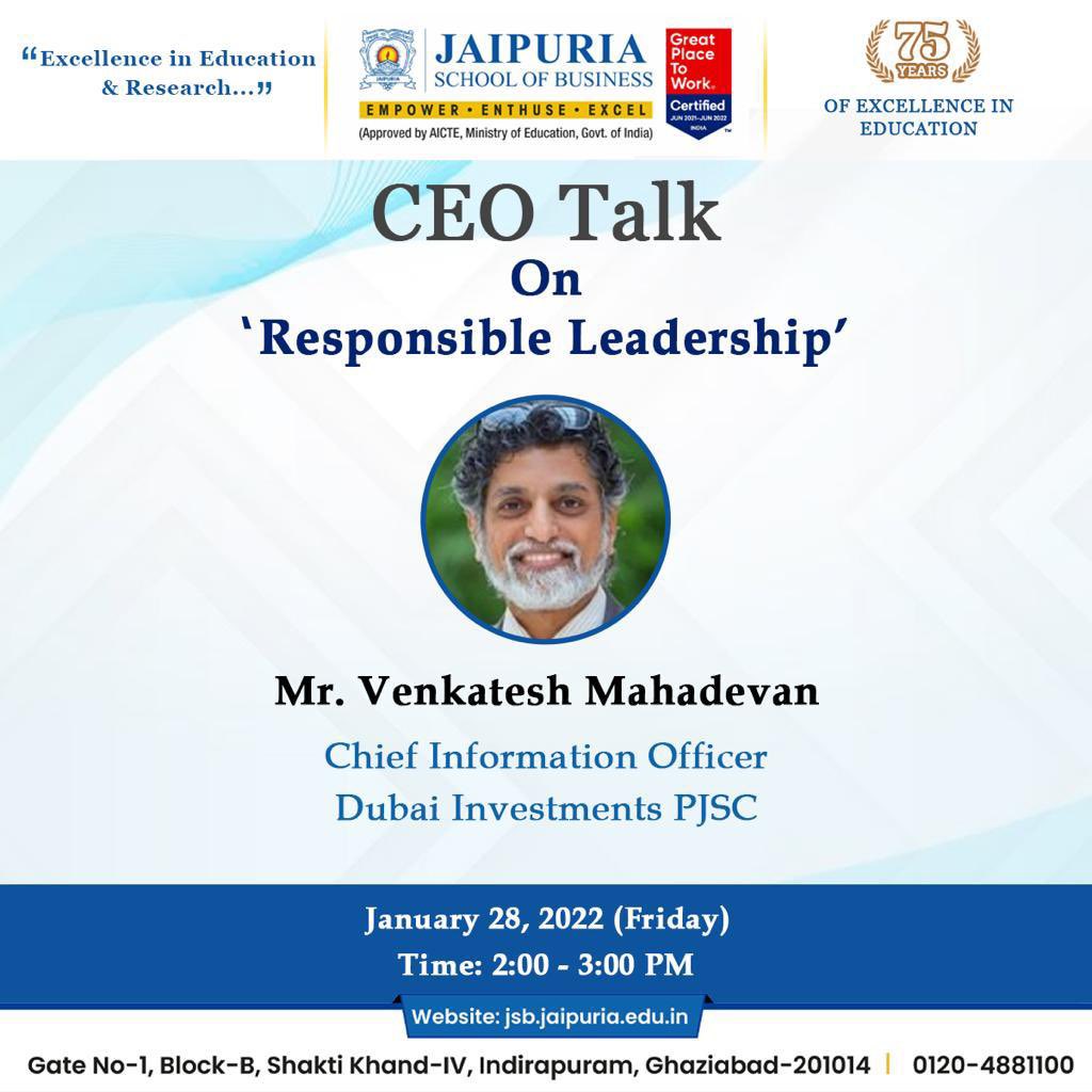 JSBGhaziabad's tweet photo. What does it take to lead a team? How do you translate your vision into reality and make sure everyone is on board with the same goal of success.
#BSchool #Jaipuria #CEOTalk #CEOSession #InteractiveSession #Leadership #ResponsibleLeadership https://t.co/MO8WPxaCmE
