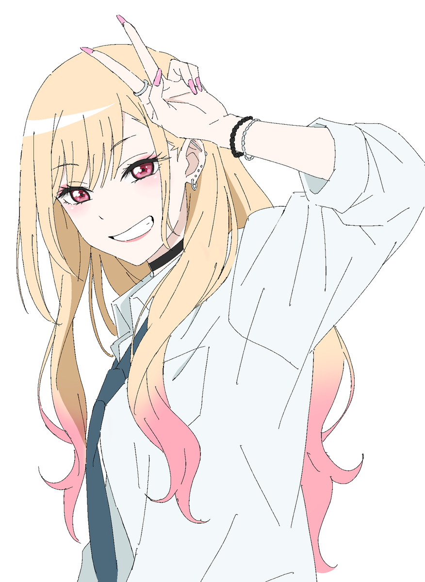 kitagawa marin 1girl solo jewelry blonde hair necktie choker smile  illustration images