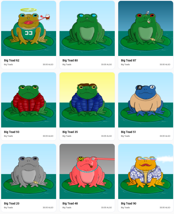 bigtoadsnft's tweet photo. Big Toads Available on AB2Gallery!🔥
AB2 ⟶ https://t.co/0GoG1AdMrv
Traits &amp; Rarities ⟶ https://t.co/6j5DCVV2I0

#algofam #AlgoNFT #bigtoads https://t.co/f5sc44DvpW