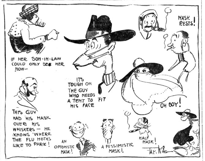 'Flu Stories - Masks' 1918 a cartoon created during the early 20t...