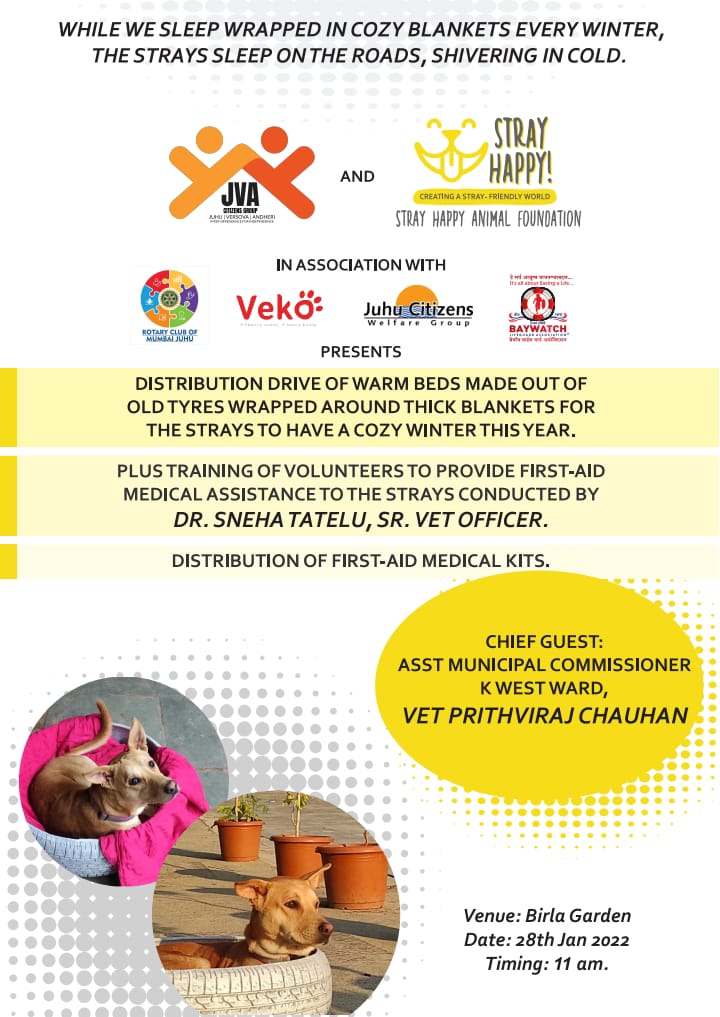 JvaJuhu's tweet photo. While we sleep wrapped up in our cozy blankets every winter, the strays sleep on the roads in open shivering in cold.
@JvaJuhu & #StrayHappy in association with Rotary Club of Mumbai Juhu, Veko Care Pvt Ltd, Baywatch and Juhu Citizens welfare group are converting waste https://t.co/nMhqUTrJx1