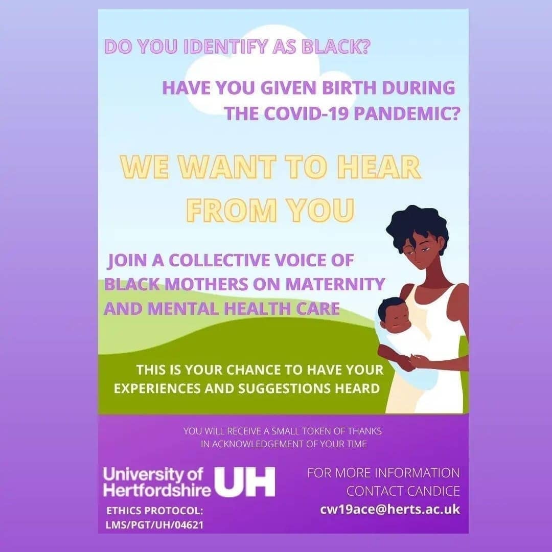DClin_Perinatal's tweet photo. 📣 Final Community Call
💫Do identify as Black &amp; have given birth during the pandemic?
💫Do you wish to share your experiences?
💫Do you want to contribute ideas to improve #maternity &amp; #mentalhealth services?
Get involved! Email Candice:
cw19ace@herts.ac.uk
#Interviews #Research https://t.co/HBOXE6npaq