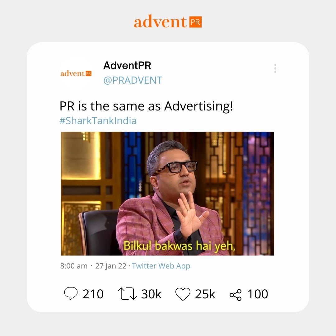 PRADVENT's tweet photo. Keeping with the #SharkTank trend! Advertising is like saying, โIโm greatโ, while PR is having someone else say โYouโre greatโ
Dive into our #EarnedMedia vs #PaidMedia
https://t.co/D3yJjXQcXd
#SharkTankIndia #MomentMarketing #publicrelations #pr #startups #adventpr #advertising https://t.co/pb4chcKNjU