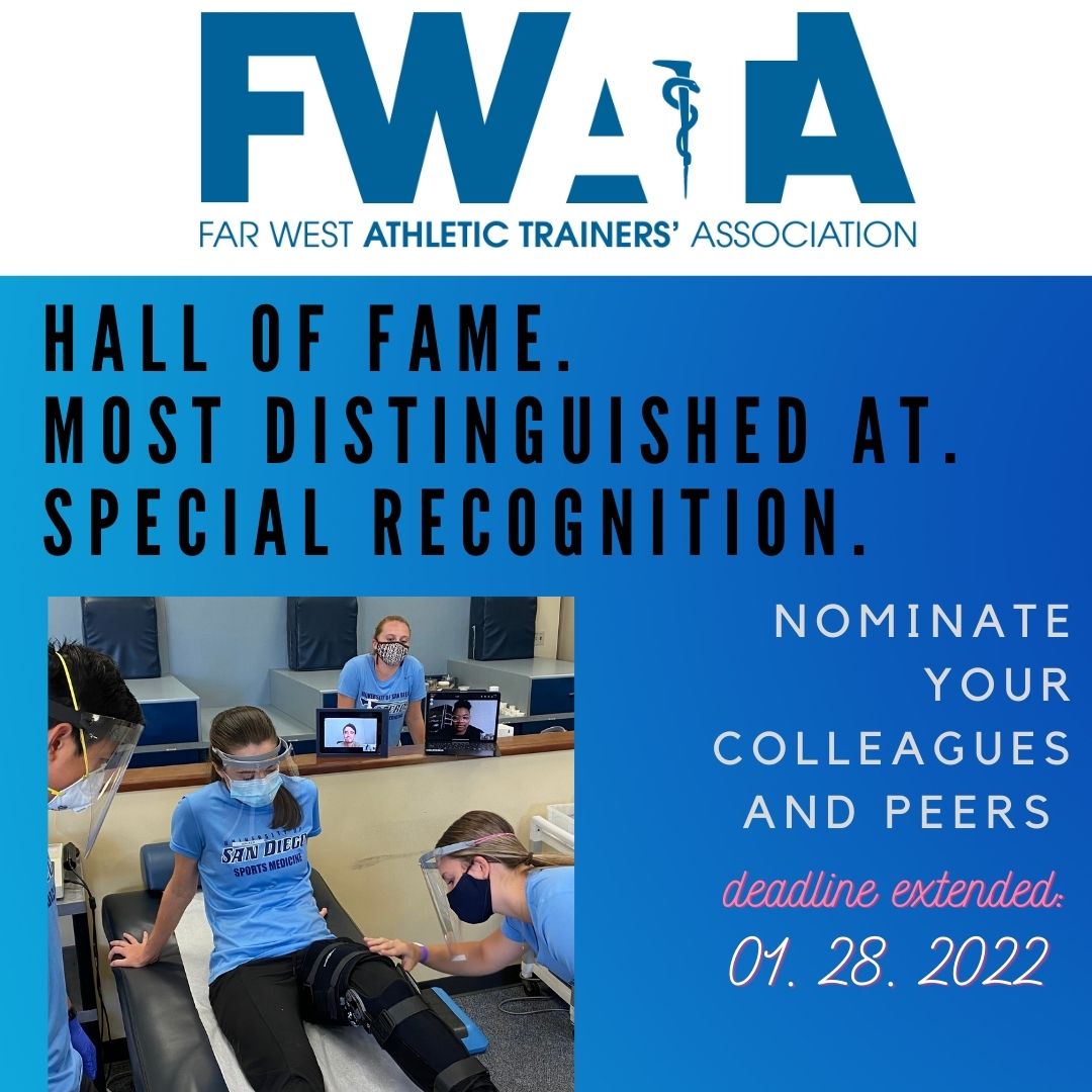 FWATAD8's tweet photo. Hall of Fame. Most Distinguished Athletic Trainer. Special Recognition.

Deadline to nominate your colleagues and peers for FWATA Honors and Awards is coming up on January 28. 
See you in San Diego April 28-May 1 for FWATA AMCS22 https://t.co/OrcHhIoa7K