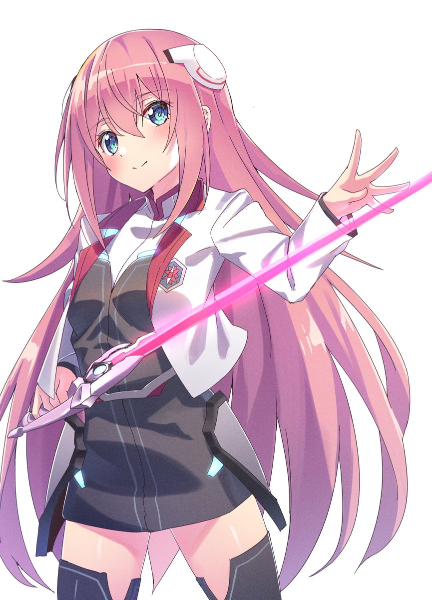 1girl solo thighhighs weapon pink hair blue eyes long hair  illustration images