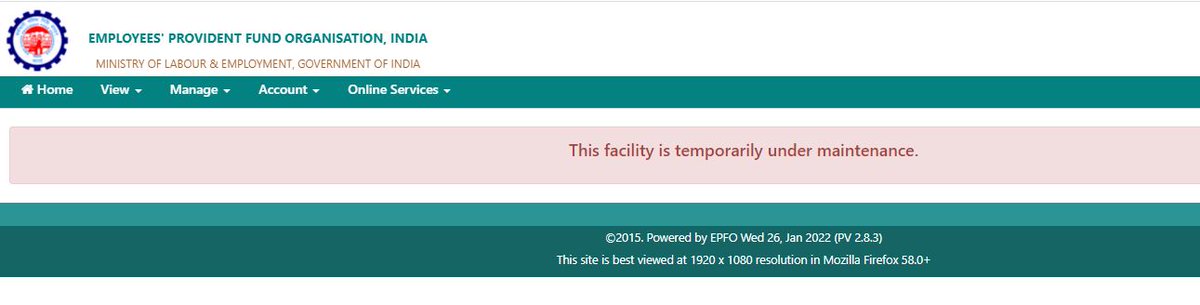 Every time your EPFO portal are not respond, now luckily opened but showing E-Nomination services showing "This facility is temporarily under maintenance"
<a href="/socialepfo/">EPFO</a>