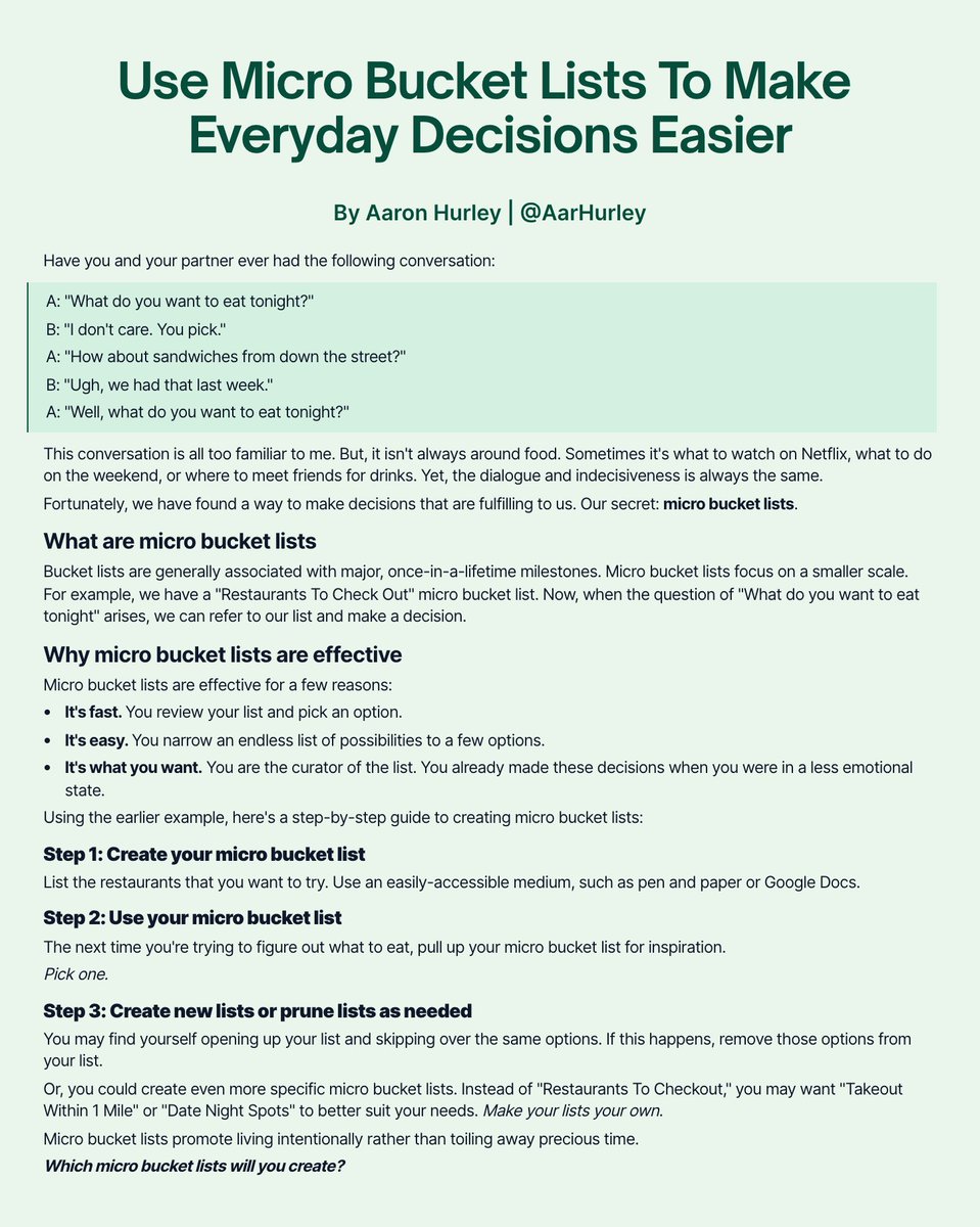 AarHurley's tweet photo. Use Micro Bucket Lists To Make Everyday Decisions Easier
#ship30for30 #microbucketlists #bucketlist #intentionalliving https://t.co/9uiaslHarj