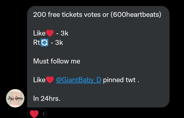 makimo_on's tweet photo. 200 free tickets votes or (600heartbeats)

MUST:
— LIKE - 3k
— RT - 3k
— MUST FOLLOW @support_Votings 
— LIKE ❤ @GiantBaby_D PINNED TWT 

END IN 24HRS. https://t.co/c1UyXB9rWC