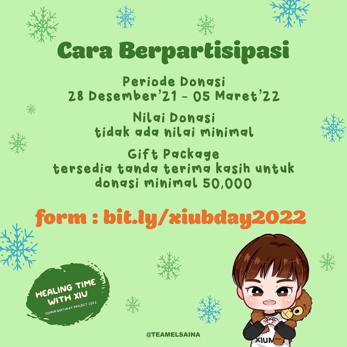 teamelsaINA's tweet photo. ❄️ Happy Xiumin Day 2022 ❄️
  ❄️ Healing Time With Xiu ❄️

Preview all gifts 🎁 

Form:
💌 https://t.co/tS5DEnf0tZ

Untuk details nya bisa dilihat pada link dan foto ini.
Please support and share 💙

ThankXiu❄️

#HealingTimeWithXIU #XIUMIN #XiuminBirthday2022 @weareoneEXO https://t.co/hDWPhkVUEL