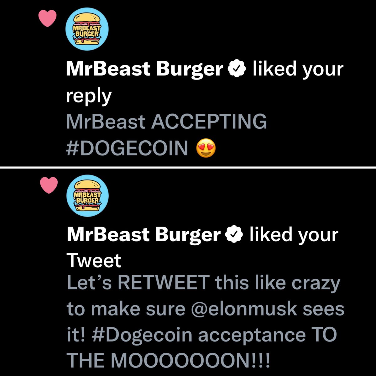 .<a href="/MrBeast/">MrBeast</a> liked two of our #Dogecoin tweets from his MrBeast Burger account!!!