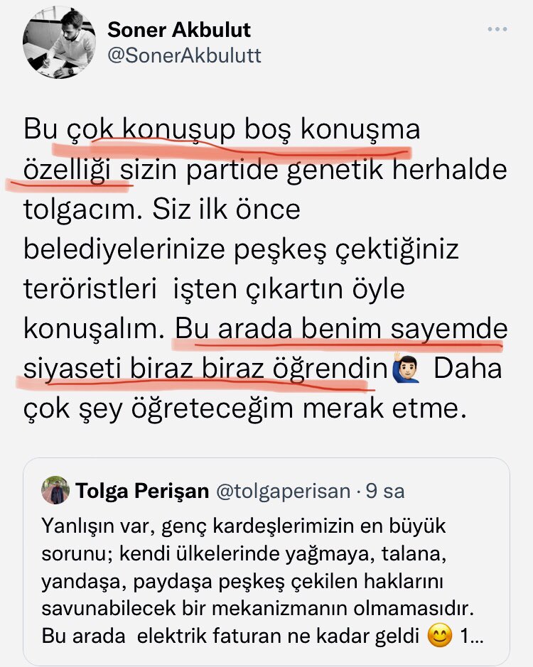 Kendine yaptığın yakıştırmalar hoş değil Sonerciğim 😊 Bayraklıya ve ülkemize yön veren siyasetinle sanayiye 3 gün elektrik verirsen sevinirim.
Bir yerlerde bir terörist çalışıyorsa bunun sorumluluğu adalet bakanlığı ve içişleri bakanlığına aittir.
Çamur at izi kalsınla olmuyor.