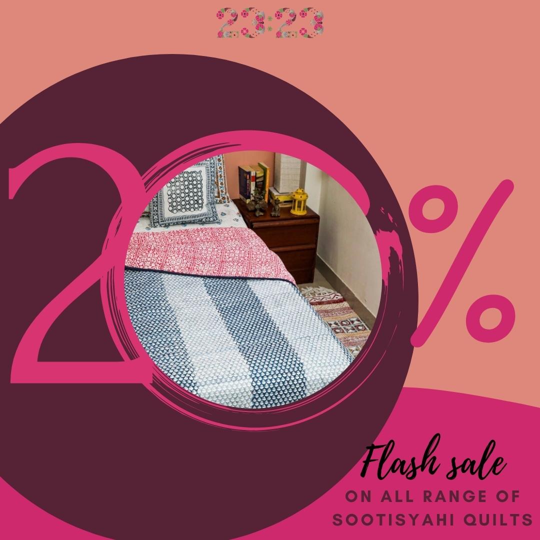 Flash Sale is on...
For Sootisyahi range of Quilts...

Use Code : GET20 , to avail Discount at 2323designs.in

#blockprintedquilts #acquilts #handmacequilts #madeinindia