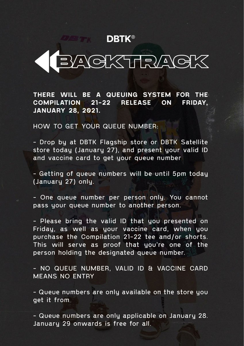 dbtkco's tweet photo. DBTK COMPILATION 21-22
There will be a queuing system for the Compilation 21-22 release on January 28, 2022.
Please note that getting of queue numbers will be from 2pm to 5pm, today (January 27, 2022) only. See photo below for more details.
#DBTKQuickstrike
#DBTKBacktrack https://t.co/iMswmZpoec