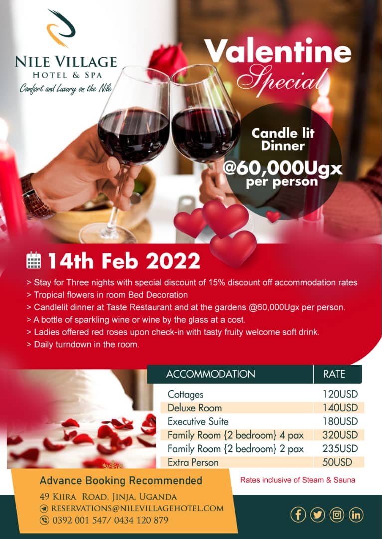 Nile Village Hotel & Spa (@nilevillageug) on Twitter photo Are you ready to celebrate St Valentines, make your booking with us for a Love experience of a lifetime. <a href="/UTAuganda/">Uganda Tourism Association</a> <a href="/DouglasLwangaUg/">Douglas Lwanga</a> <a href="/jinjacity/">Jinja City Uganda</a> <a href="/TourismBoardUg/">Uganda Tourism Board</a> <a href="/MTWAUganda/">Ministry of Tourism-Uganda</a> @SammieManinii Are you ready to celebrate St Valentines, make your booking with us for a Love experience of a lifetime. <a href="/UTAuganda/">Uganda Tourism Association</a> <a href="/DouglasLwangaUg/">Douglas Lwanga</a> <a href="/jinjacity/">Jinja City Uganda</a> <a href="/TourismBoardUg/">Uganda Tourism Board</a> <a href="/MTWAUganda/">Ministry of Tourism-Uganda</a> @SammieManinii