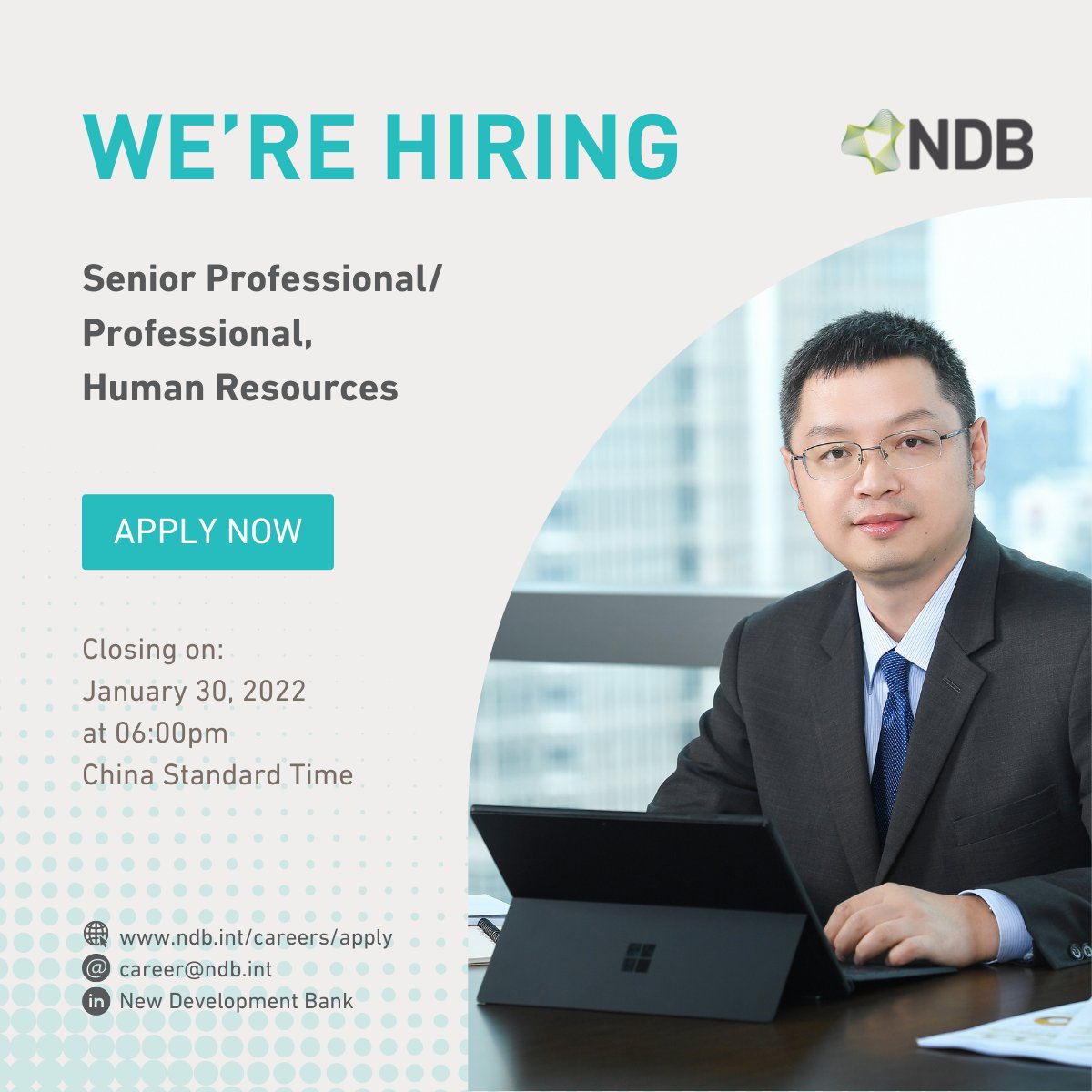 NDB_int's tweet photo. NDB vacancy: Senior Professional/Professional, Human Resources (Closing on: January 30, 2022 at 06:00pm, China Standard Time)
https://t.co/Eo8IjurDag
#NDB #NewDevelopmentBank #Recruitment #WorkatNDB https://t.co/zyTdHpMqdY