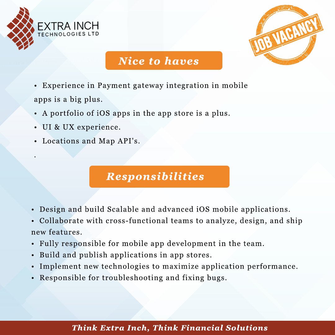 extrainchtech_'s tweet photo. We are also hiring iOS Mobile App Developers to join our energetic and talented team!
If this is you, kindly submit your application to us for review.
#iOSdevelopers #jobvacancy #ikokazi #ikokazike #ikoworks #extrainchtech https://t.co/QIgWC1QE00