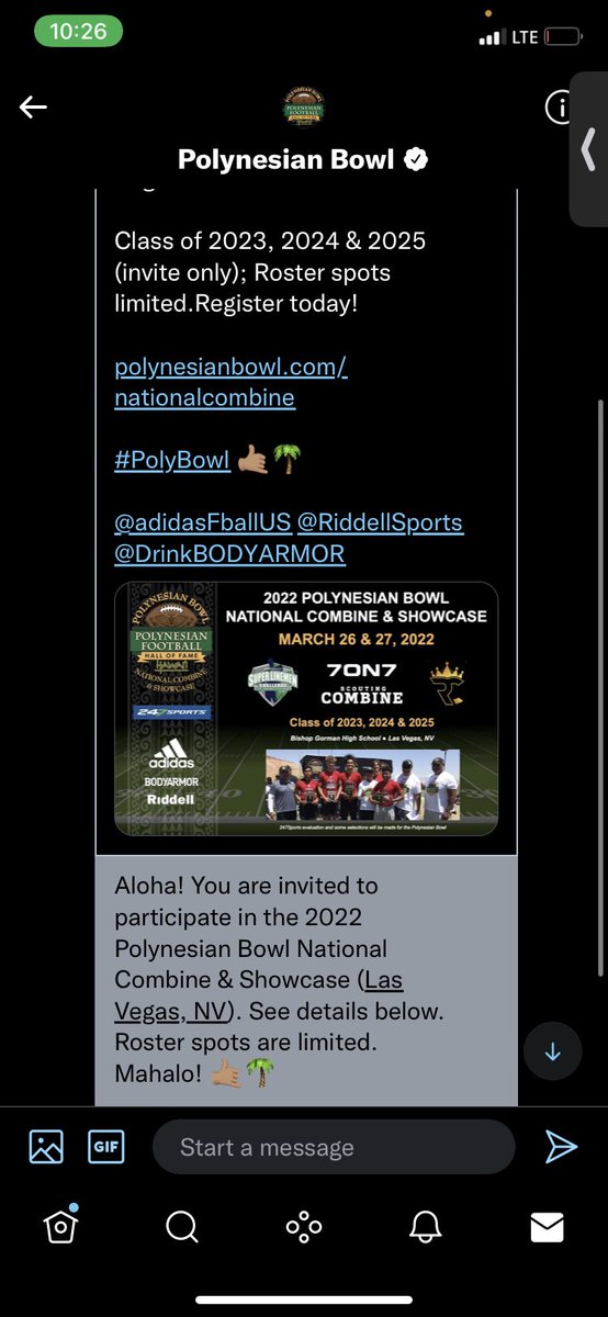 Thanks for the invite🙏.                                                 #blessed #Grateful #prospect #athlete #classof2024 #trueclassof2024 #football #sports #WR #Widereceiver @polynesiabowl