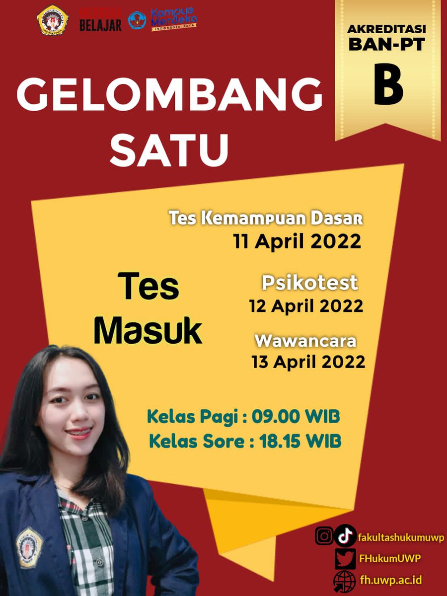 FHukumUWP's tweet photo. sekarang udah di buka nih untuk pendaftaran gelombang satu, dengan rincian yg terdapat difoto tersebut.
segera daftarkan diri kalian yaa!
kami tunggu loh lawfriends😆🙌🏼 
https://t.co/FS3di1IpV1 pilih prodi ilmu hukum yaaaaa!⚖️ https://t.co/yFOdZRfBOl