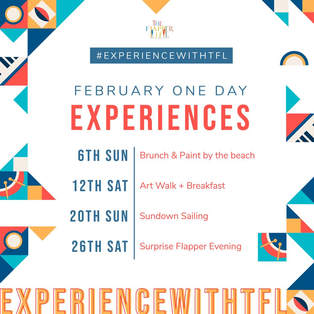 We are back with our #Onedayexperiences in the city with complete safety and precautions. Here is a sneak peak on what February looks like. Take a break and explore in your own city 💌

Inbox us to Book your #ExperiencewithTFL in #Mumbai 

#theflapperlife #thingstodoinMumbai