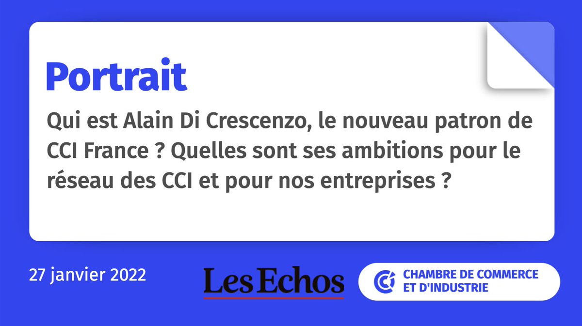 [Média] <a href="/DiCrescenzo_A/">Alain DI CRESCENZO</a> , le nouveau président de <a href="/ccifrance/">CCI France 🇫🇷🇪🇺</a> , est dans <a href="/LesEchos/">Les Echos</a> du jour : "les #CCI forment un réseau utile, performant et dans la proximité avec les #entreprises". À lire 👉 bit.ly/3rUxcfh
#France <a href="/Economie_Gouv/">Ministère de l'Économie et des Finances</a> <a href="/JBLemoyne/">Jean-Baptiste Lemoyne</a>
