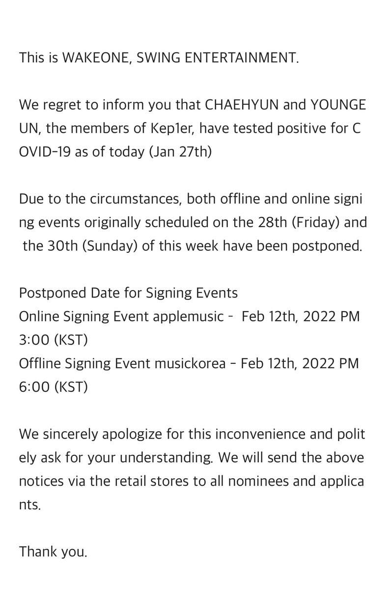 KEP1ERCENTRAL's tweet photo. [NOTICE] 220127 — As Chaehyun and Youngeun tested positive for COVID-19, offline &amp; online fansign events on 01/28 and 01/30 have been postponed to the following dates:

Online (Apple Music)  ➡️ 02/12 3PM KST
Offline (Music Korea) ➡️ 02/12 6PM KST

#kep1er #케플러 @official_kep1er https://t.co/nZ10k93wNs