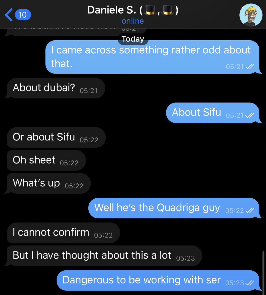1/ This needs to be shared  @0xSifu is the Co-founder of QuadrigaCX, Michael Patryn. If you are unfamiliar that is the Canadian exchange that collapsed in 2019 after the founder Gerald Cotten disappeared with $169mI have confirmed this with Daniele over messages.