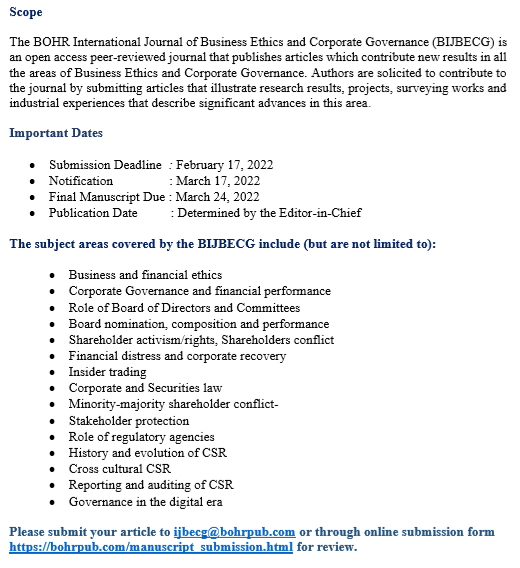 BOHR_BIJBECG's tweet photo. The journal « BOHR International Journal of Business Ethics and Corporate Governance (BIJBECG) » is an open access journal, which means all its content is freely available. Users are allowed to read, download, copy, distribute, print, search, or link to the full texts of  article https://t.co/lpoomuQShK