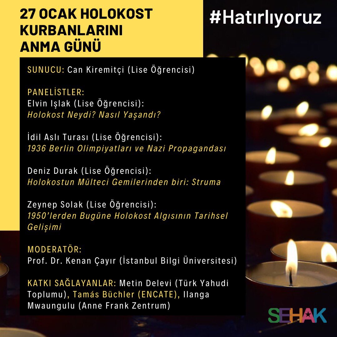 sehakder's tweet photo. Bu akşam saat 20:00 de Holokost Kurbanlarını Anma günü vesilesiyle tarihle yüzleşmek ve geçmişten farklı bir geleceği şekillendirmek için gençlerle #hatırlıyoruz Gençlerin sunuşlarının yer alacağı panel SEHAK Youtube kanalı üzerinden canlı yayınlanacaktır. https://t.co/eC1RcQ4U8q https://t.co/kclJ163K1E